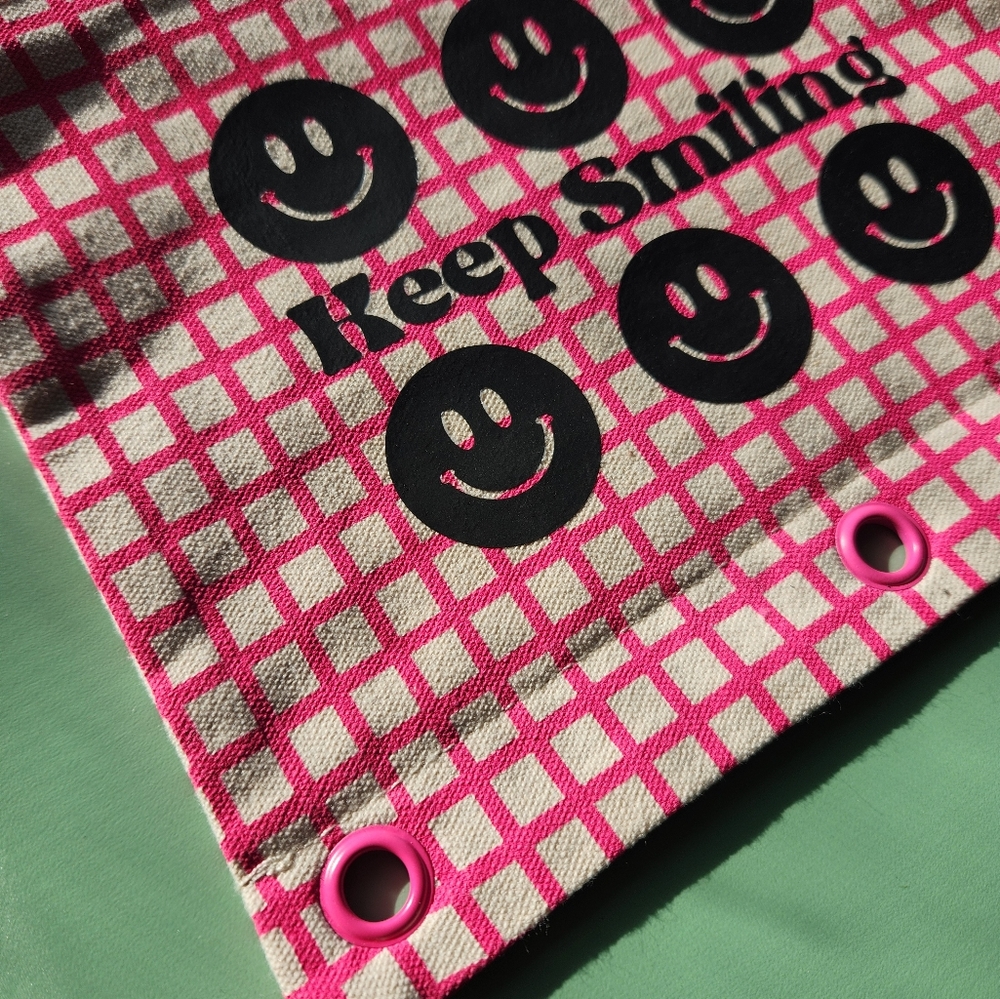 Retro Inspired Smiley Pink Striped Multi Purpose Cotton Canvas Pouch New - Picture 5 of 6